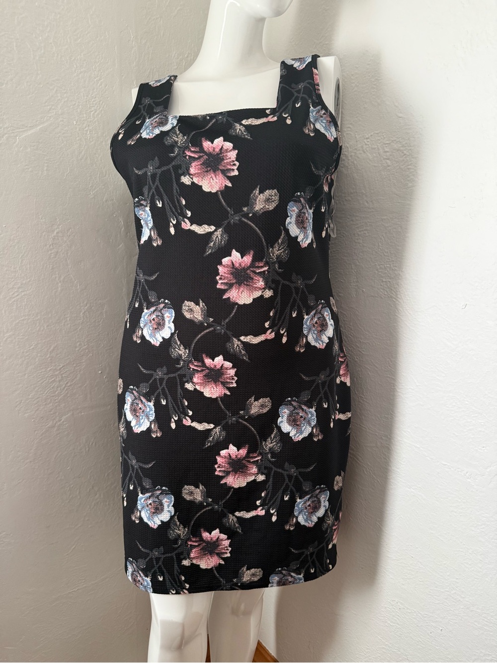 Black Floral Sheath Dress with Pink & Blue Blooms